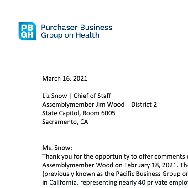 Letter to California Assembly Health Committee Re Office of Health